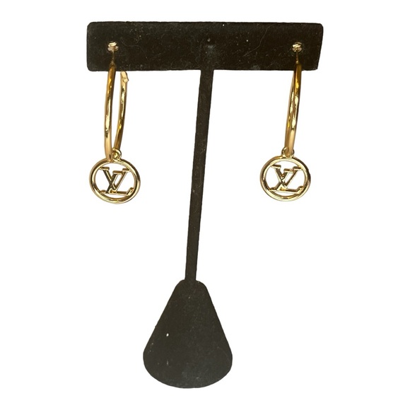 Upcycled Gold LV Louis Vuitton Charm Hoop Earrings - Picture 1 of 9